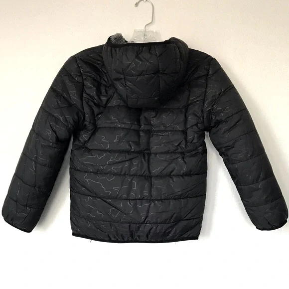NWT Eddie Bauer Youth Boys Reversible Hooded Puffer Fleece Black Gray Jacket S